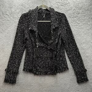 One Girl Who Medium‎ Jacket Snaps Stretchy Long Sleeves Black White Fringe
